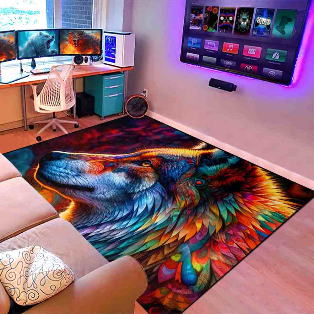 Colorful Abstract Wolf Area Rug Teen Gamer Room Decor Ultra Non-Slip | CozyLil