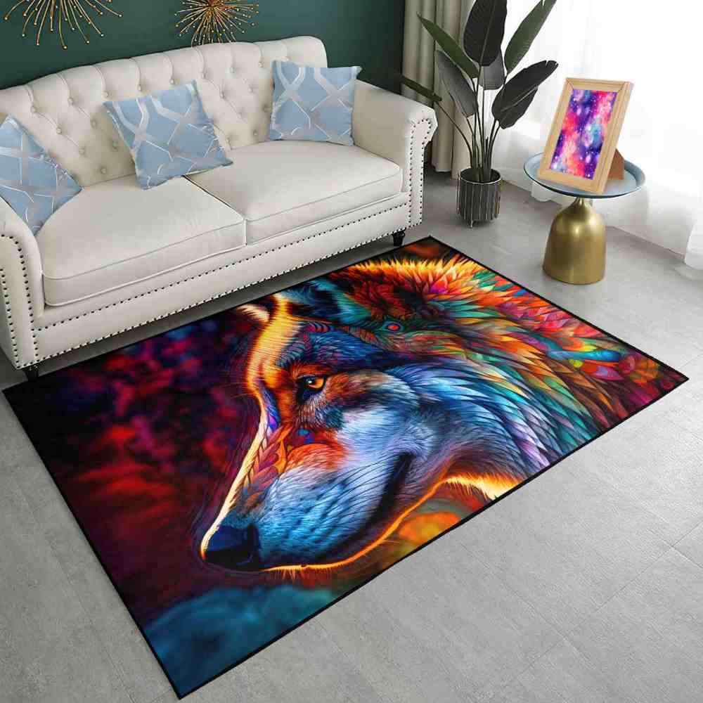 Colorful Abstract Wolf Area Rug Teen Gamer Room Decor Ultra Non-Slip | CozyLil