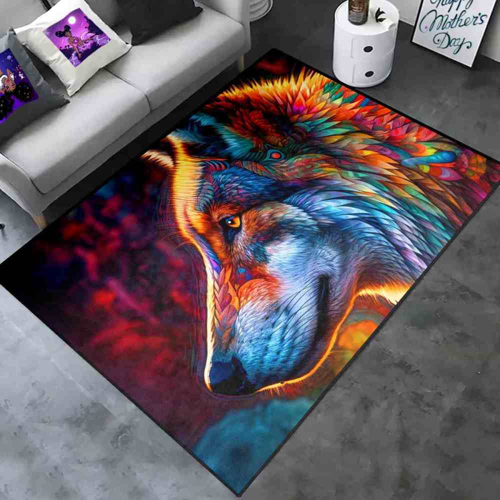 Colorful Abstract Wolf Area Rug Teen Gamer Room Decor Ultra Non-Slip | CozyLil