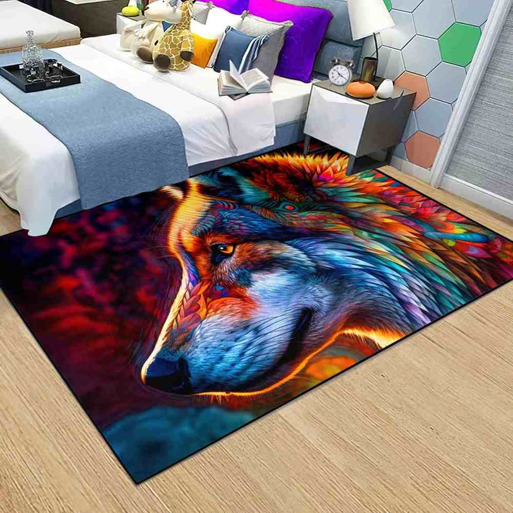 Colorful Abstract Wolf Area Rug Teen Gamer Room Decor Ultra Non-Slip | CozyLil
