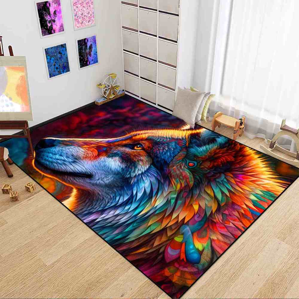 Colorful Abstract Wolf Area Rug Teen Gamer Room Decor Ultra Non-Slip | CozyLil