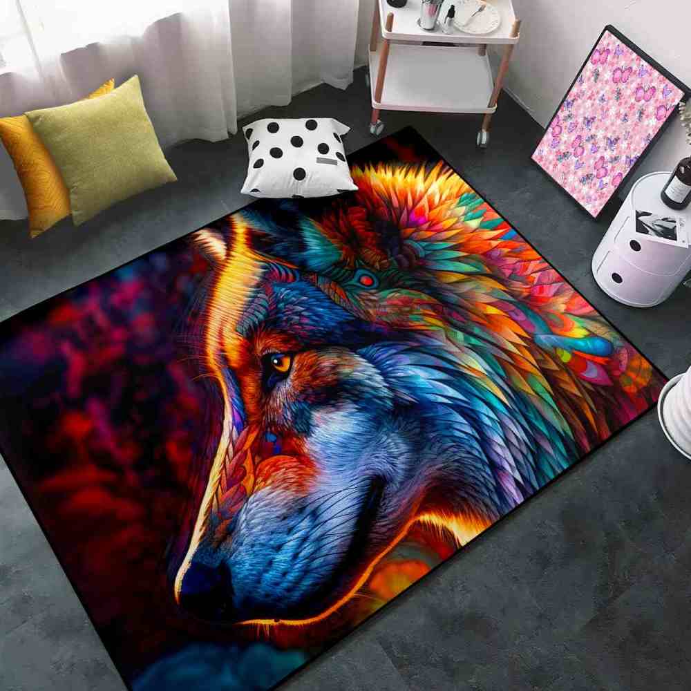 Colorful Abstract Wolf Area Rug Teen Gamer Room Decor Ultra Non-Slip | CozyLil