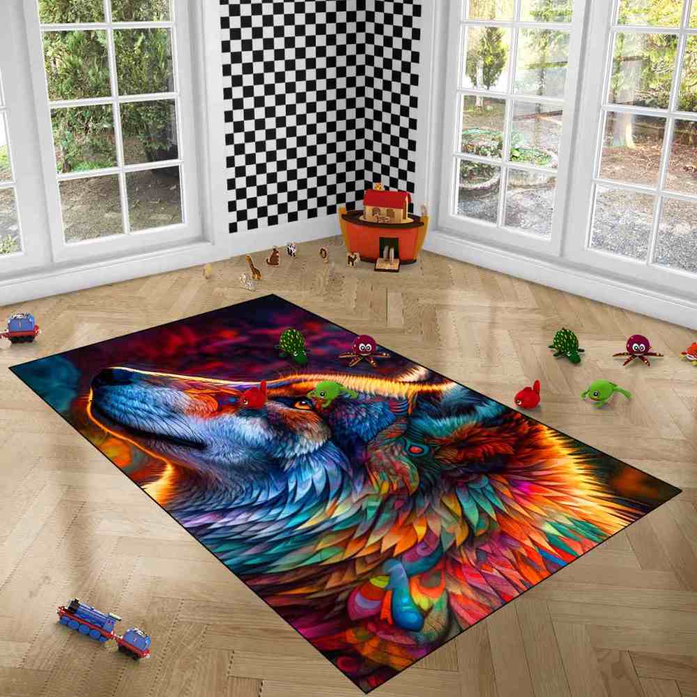 Colorful Abstract Wolf Area Rug Teen Gamer Room Decor Ultra Non-Slip | CozyLil