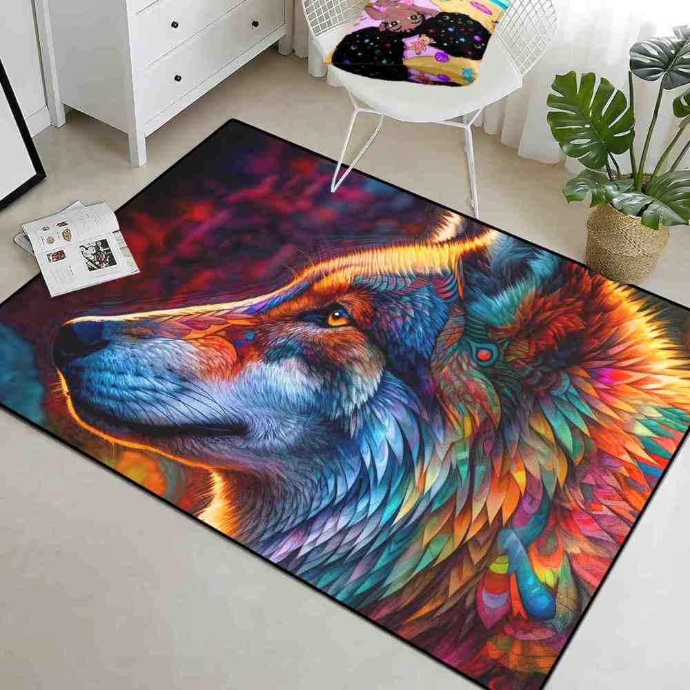 Colorful Abstract Wolf Area Rug Teen Gamer Room Decor Ultra Non-Slip | CozyLil