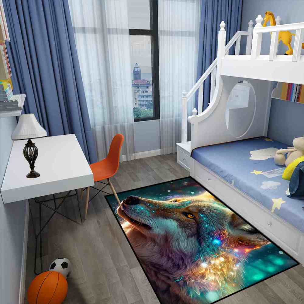 Celestial Starry Wolf Area Rug Men Bedroom Decor Ultra Non-Slip | CozyLil