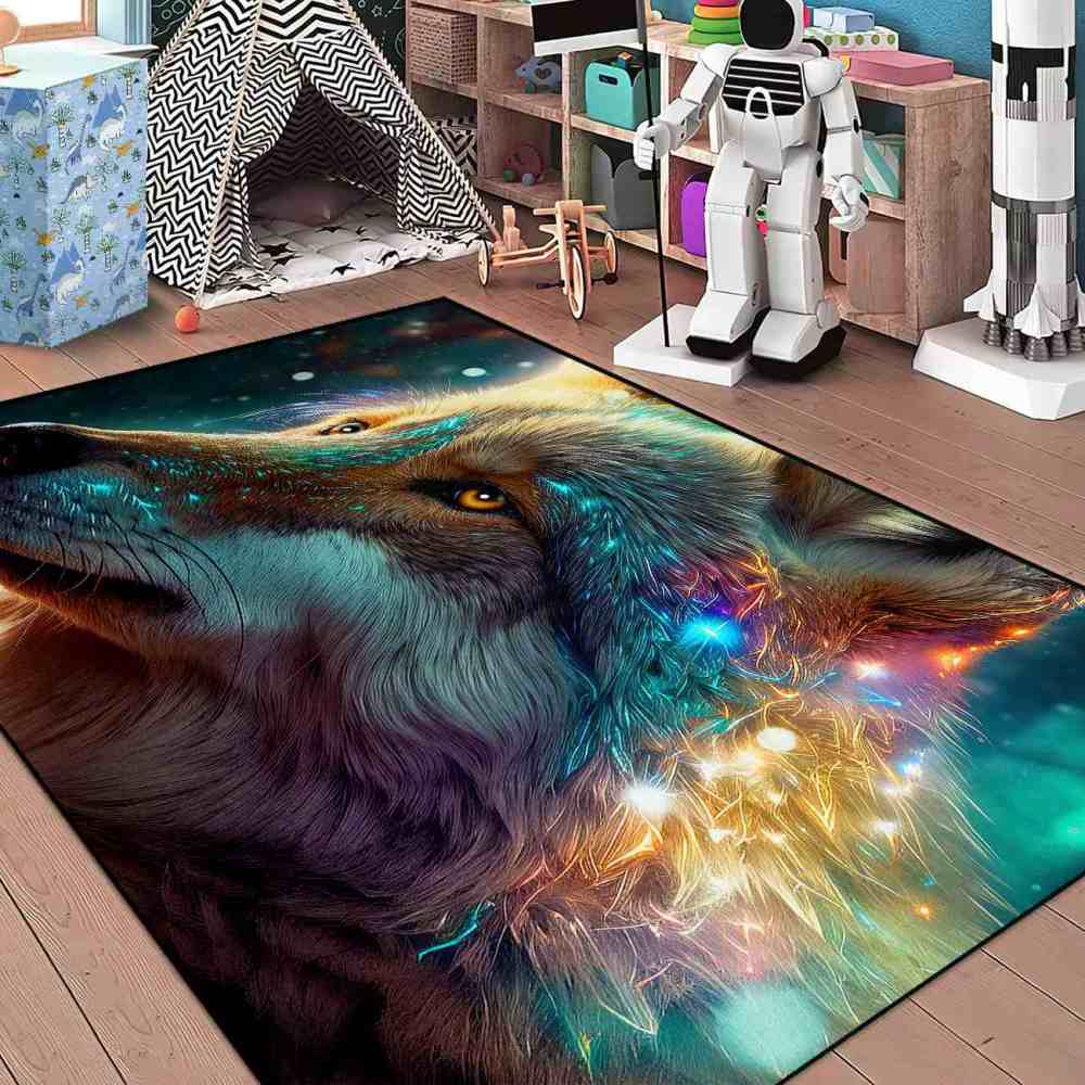 Celestial Starry Wolf Area Rug Men Bedroom Decor Ultra Non-Slip | CozyLil