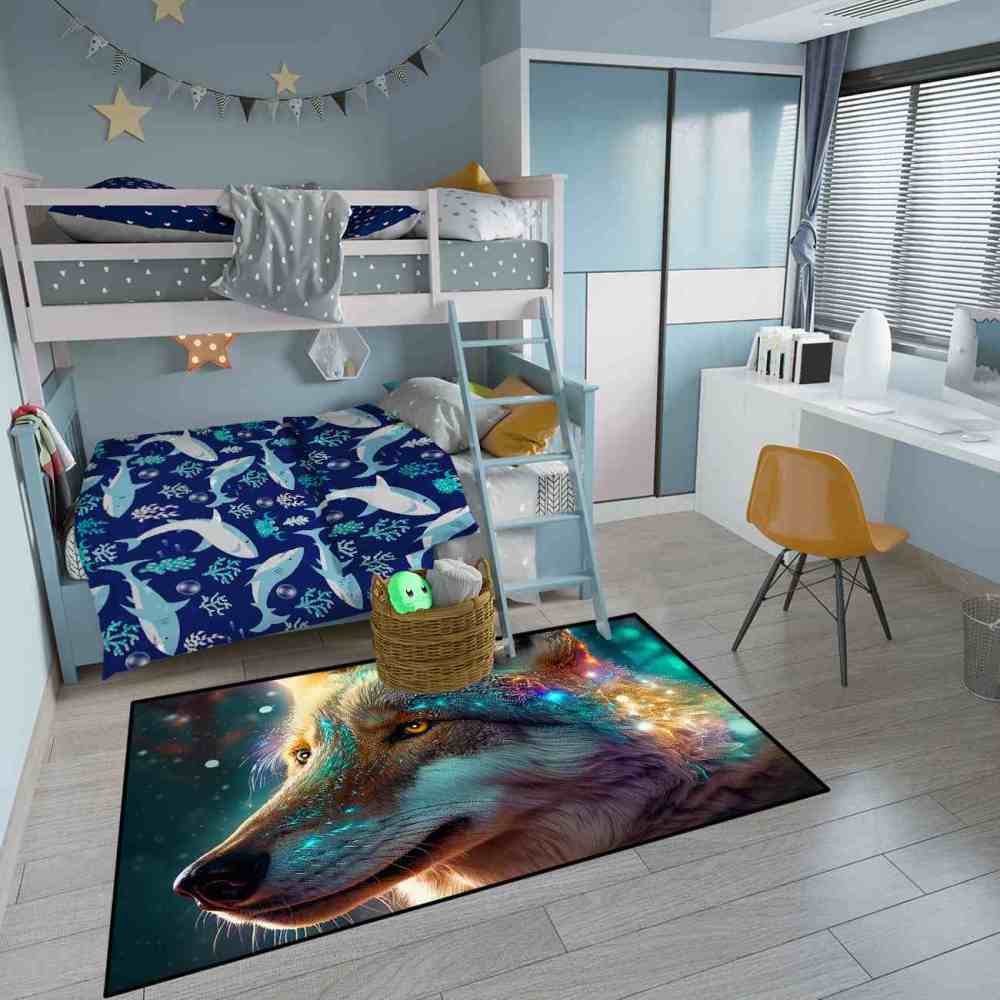 Celestial Starry Wolf Area Rug Men Bedroom Decor Ultra Non-Slip | CozyLil