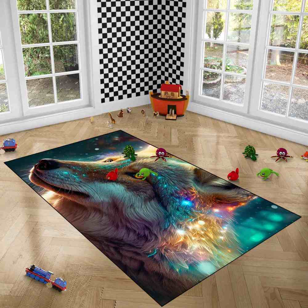Celestial Starry Wolf Area Rug Men Bedroom Decor Ultra Non-Slip | CozyLil