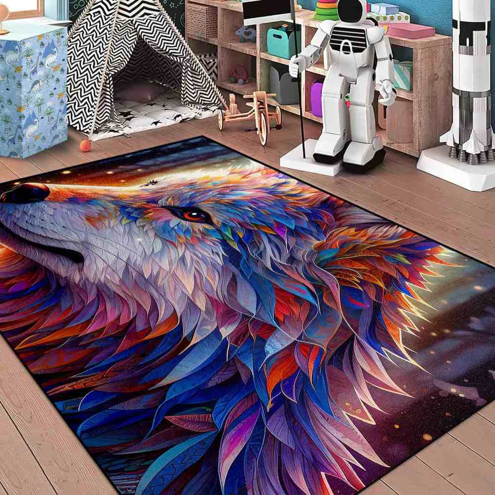 Galaxy Splatter Wolf Area Rug Teen Gamer Room Decor Ultra Non-Slip | CozyLil