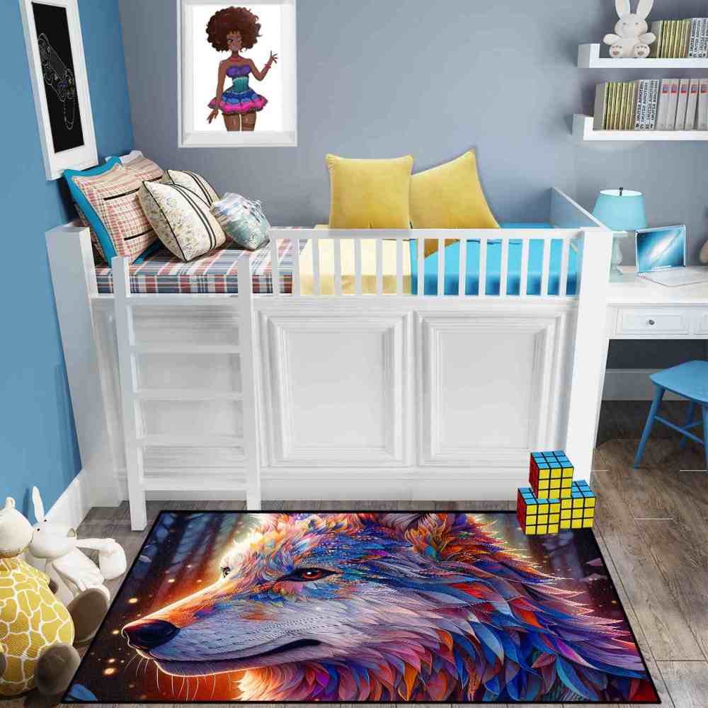 Galaxy Splatter Wolf Area Rug Teen Gamer Room Decor Ultra Non-Slip | CozyLil