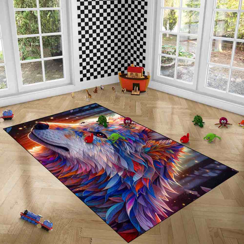 Galaxy Splatter Wolf Area Rug Teen Gamer Room Decor Ultra Non-Slip | CozyLil