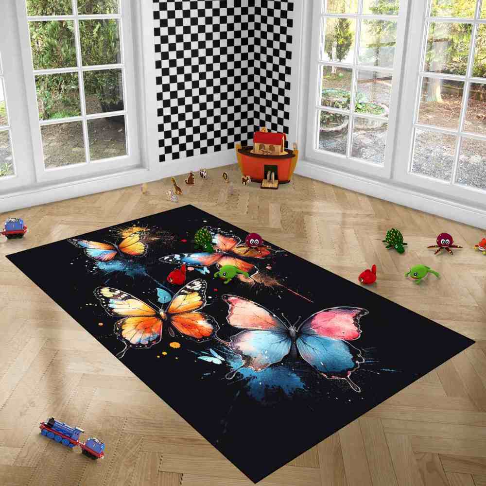 Artistic Paint Splatter Butterfly Girls Bedroom Area Rug | CozyLil
