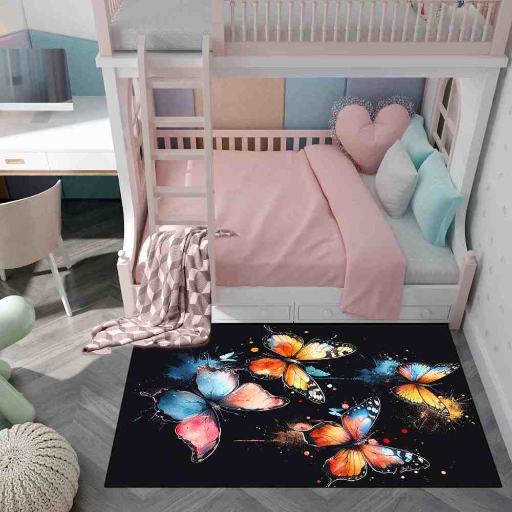 Artistic Paint Splatter Butterfly Girls Bedroom Area Rug | CozyLil