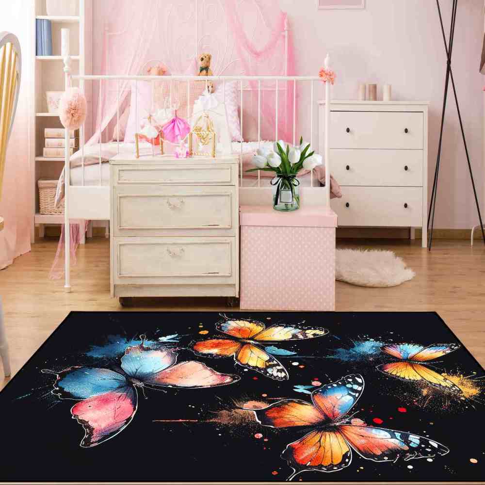 Artistic Paint Splatter Butterfly Girls Bedroom Area Rug | CozyLil