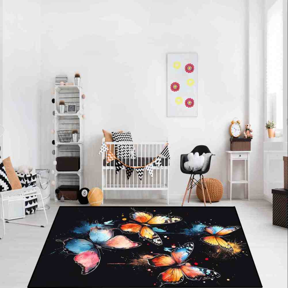 Artistic Paint Splatter Butterfly Girls Bedroom Area Rug | CozyLil