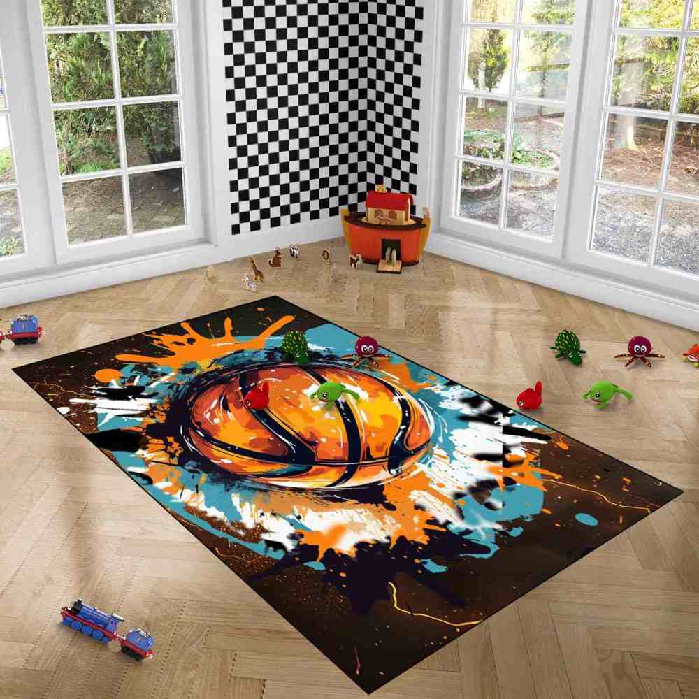 Graffiti Splatter Basketball Area Rug Boys Bedroom Mat | CozyLil