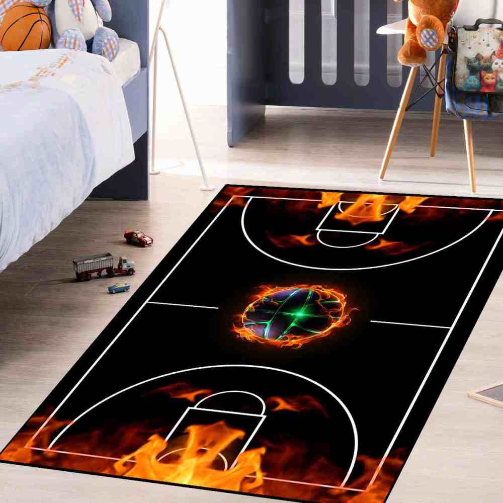 Flaming Basketball Court Area Rug Game Room Decor | CozyLil
