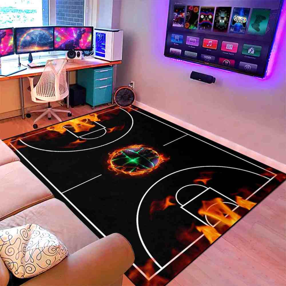 Flaming Basketball Court Area Rug Game Room Decor | CozyLil