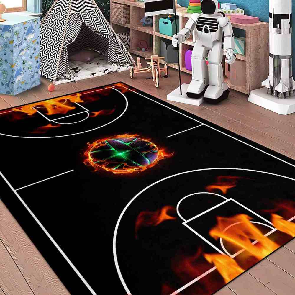 Flaming Basketball Court Area Rug Game Room Decor | CozyLil