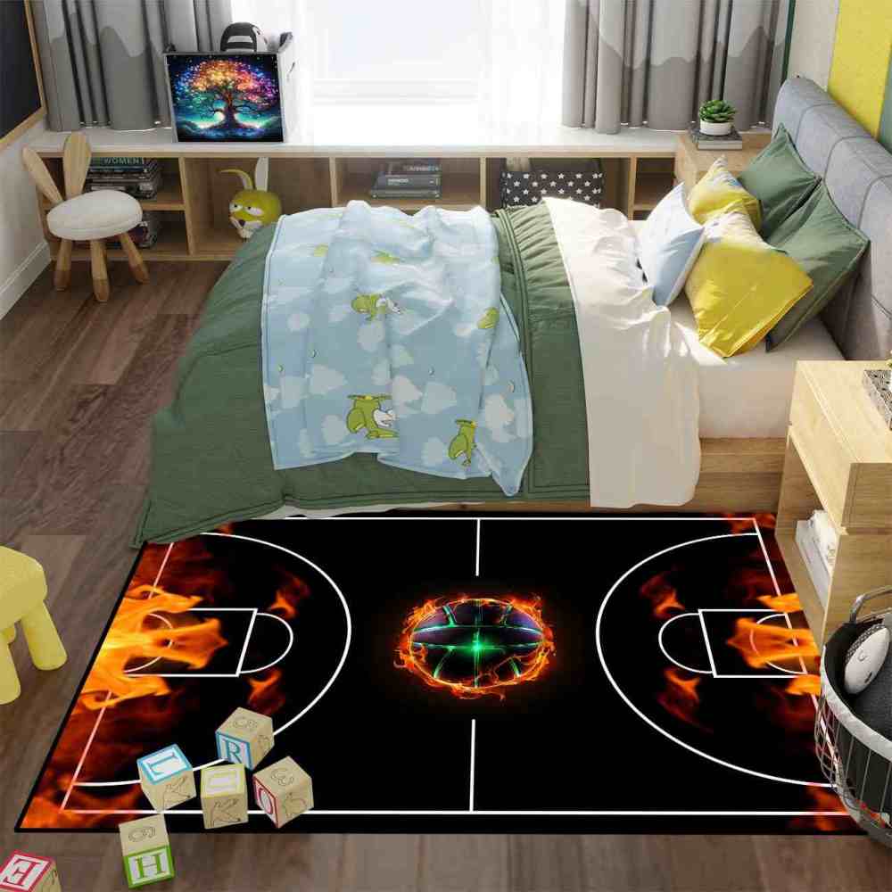 Flaming Basketball Court Area Rug Game Room Decor | CozyLil