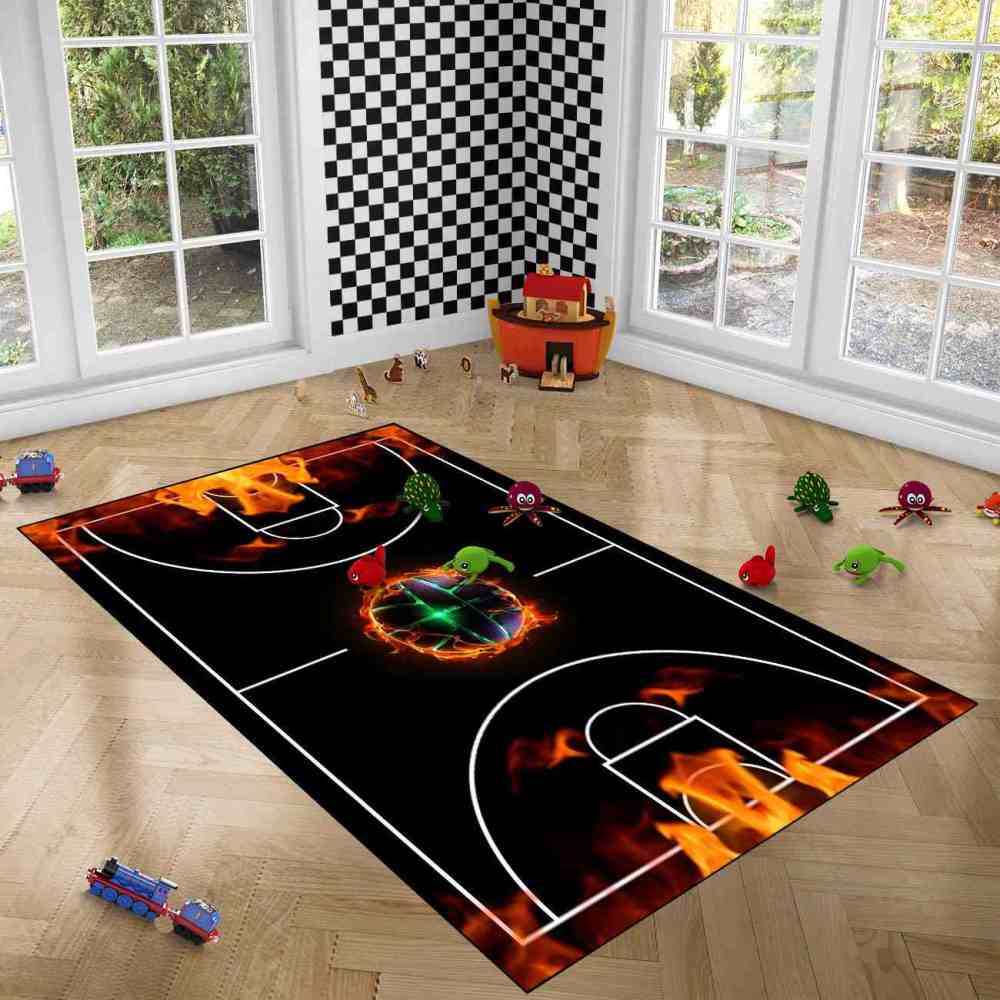 Flaming Basketball Court Area Rug Game Room Decor | CozyLil