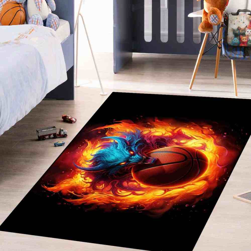 Flaming Blue Beast Basketball Area Rug Boys Bedroom | CozyLil