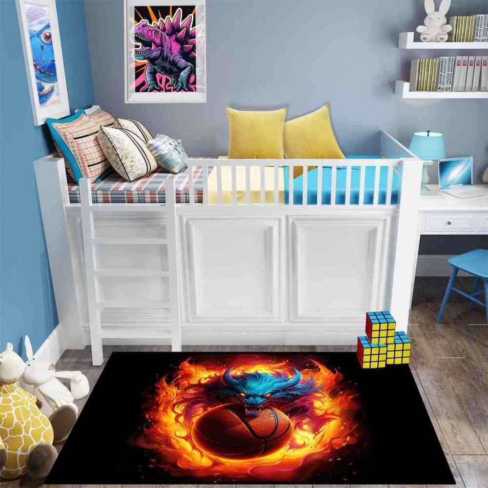 Flaming Blue Beast Basketball Area Rug Boys Bedroom | CozyLil