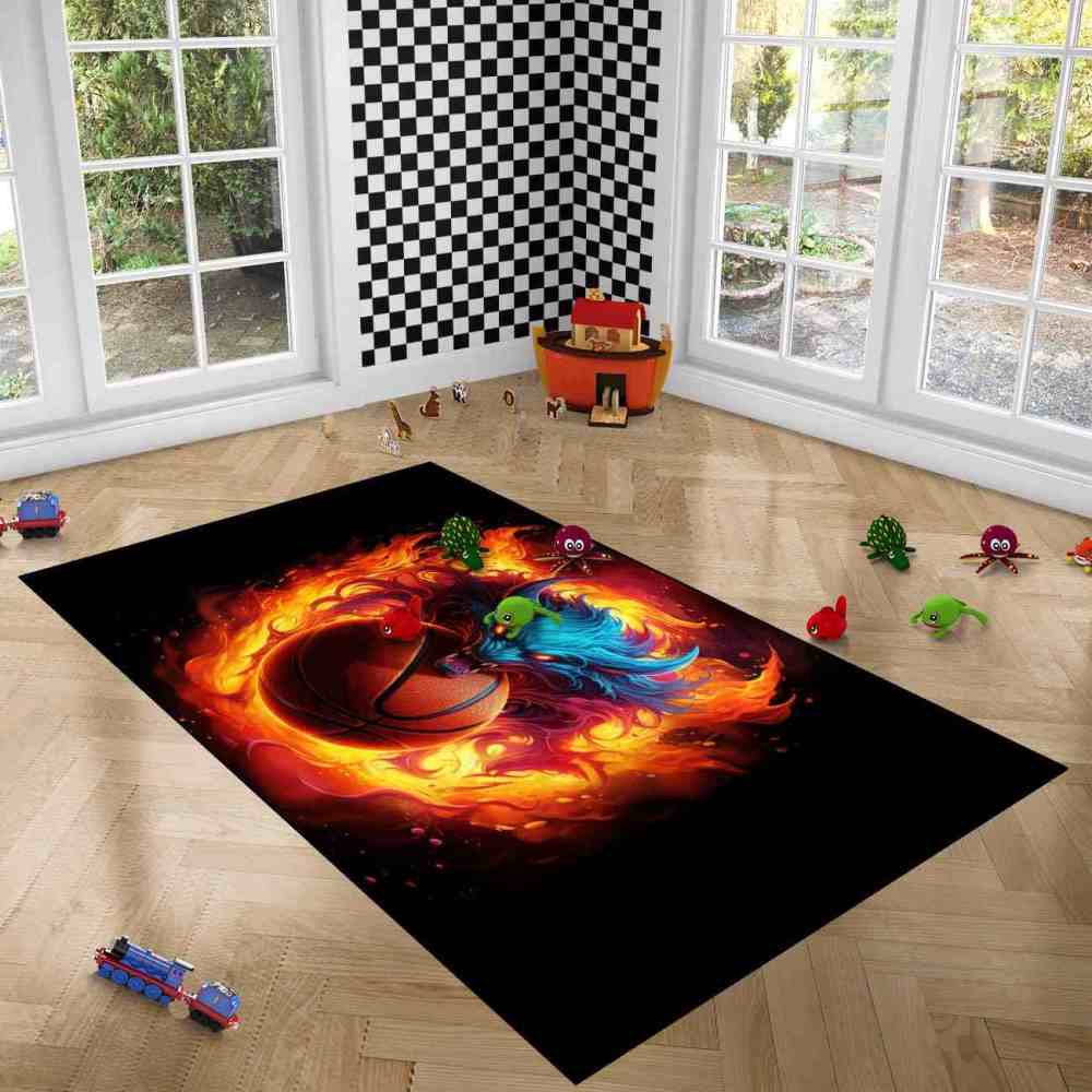 Flaming Blue Beast Basketball Area Rug Boys Bedroom | CozyLil