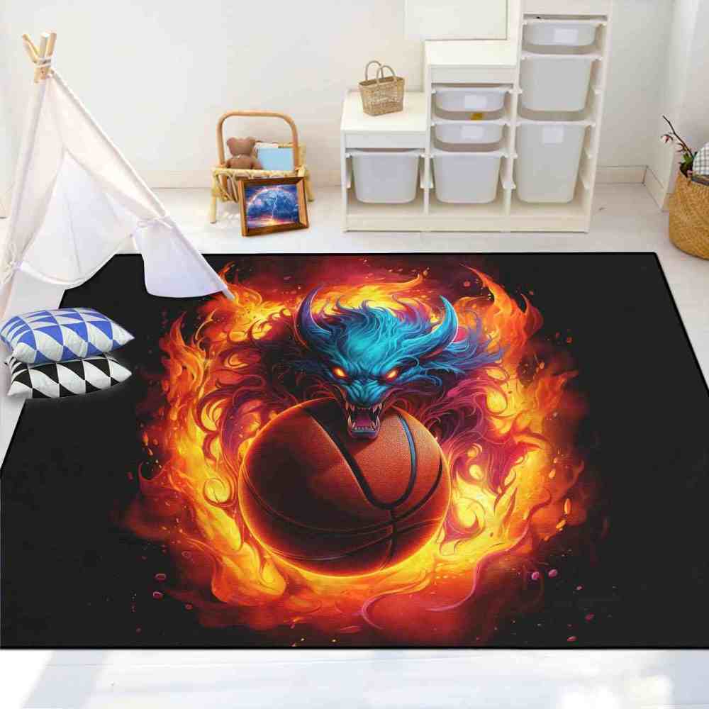 Flaming Blue Beast Basketball Area Rug Boys Bedroom | CozyLil