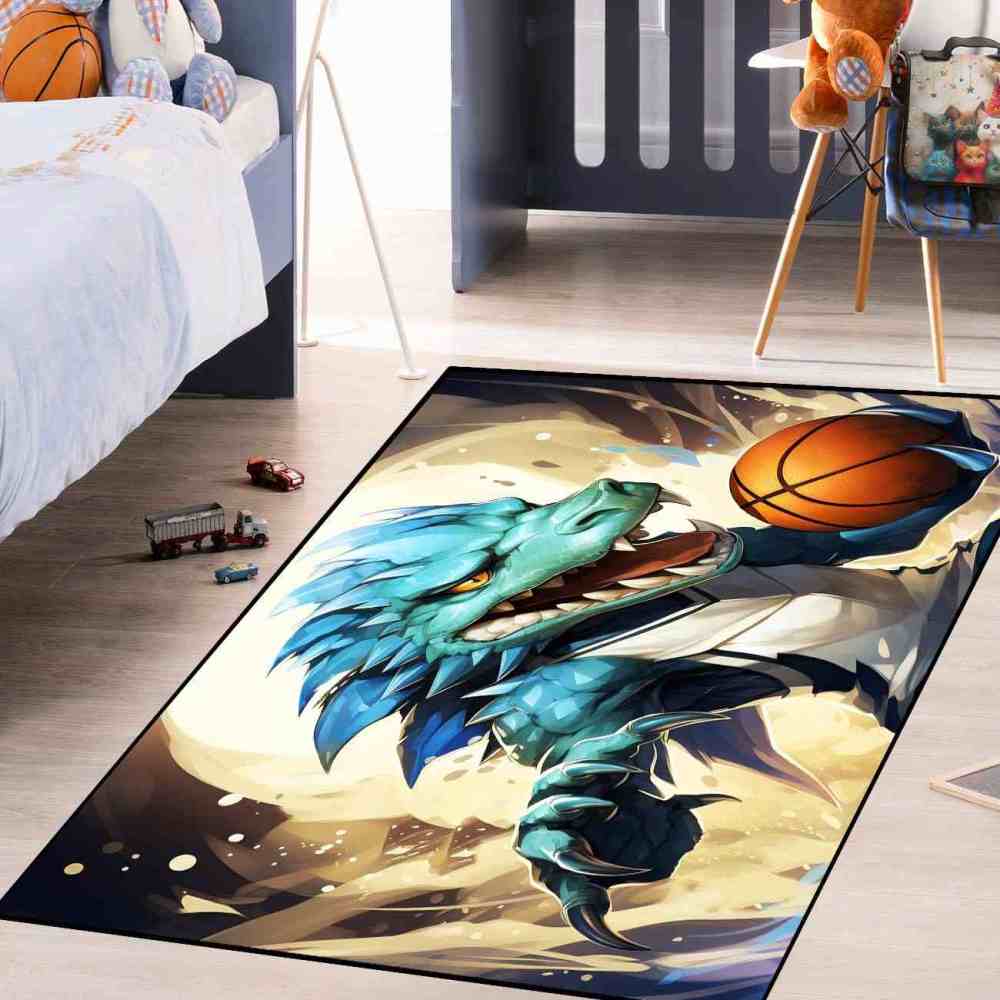 Blue Dinosaur Basketball Player Kids Playroom Rug | CozyLil