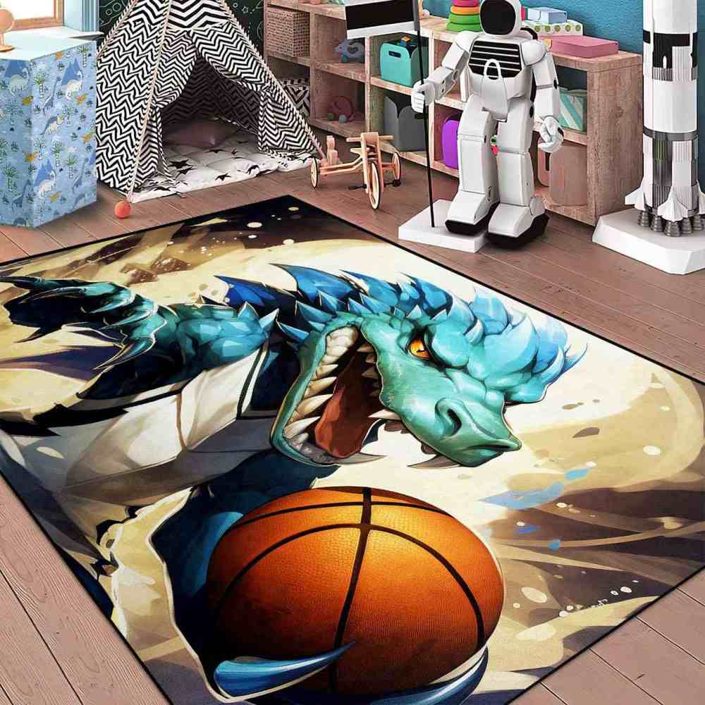Blue Dinosaur Basketball Player Kids Playroom Rug | CozyLil