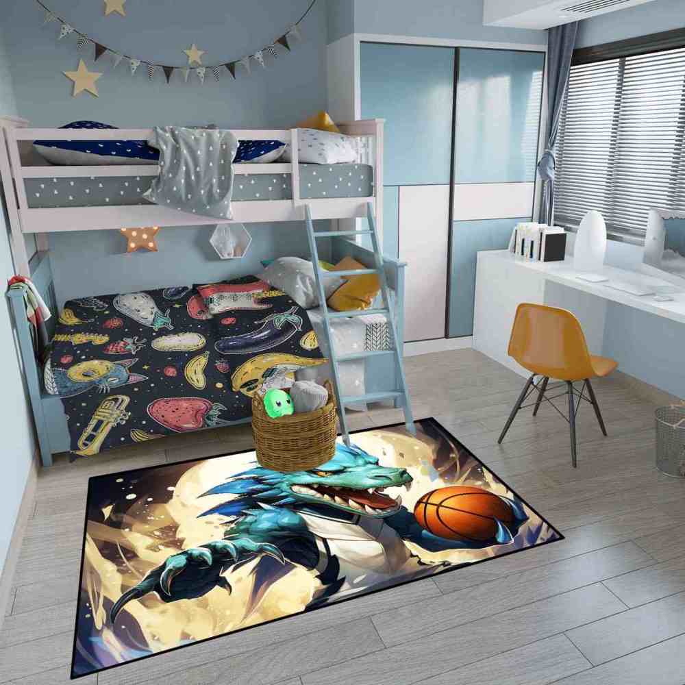 Blue Dinosaur Basketball Player Kids Playroom Rug | CozyLil