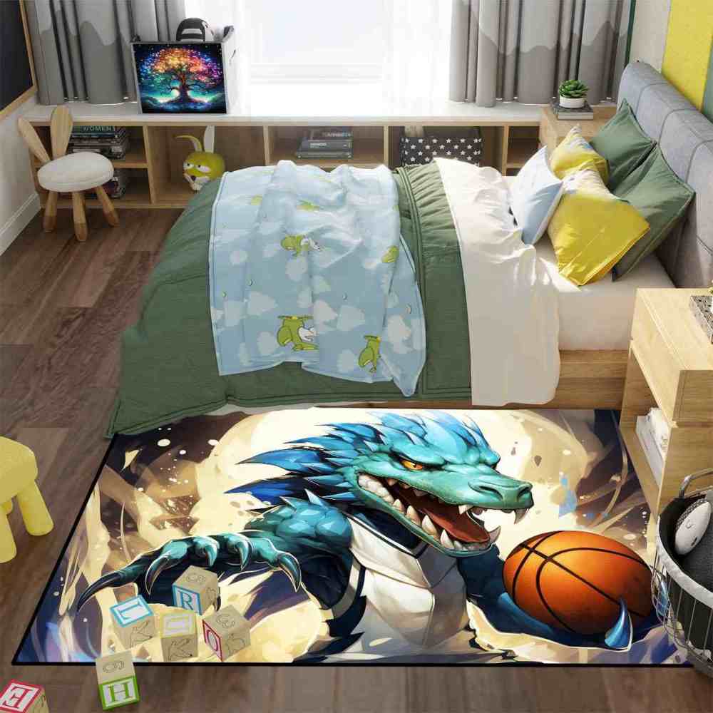 Blue Dinosaur Basketball Player Kids Playroom Rug | CozyLil