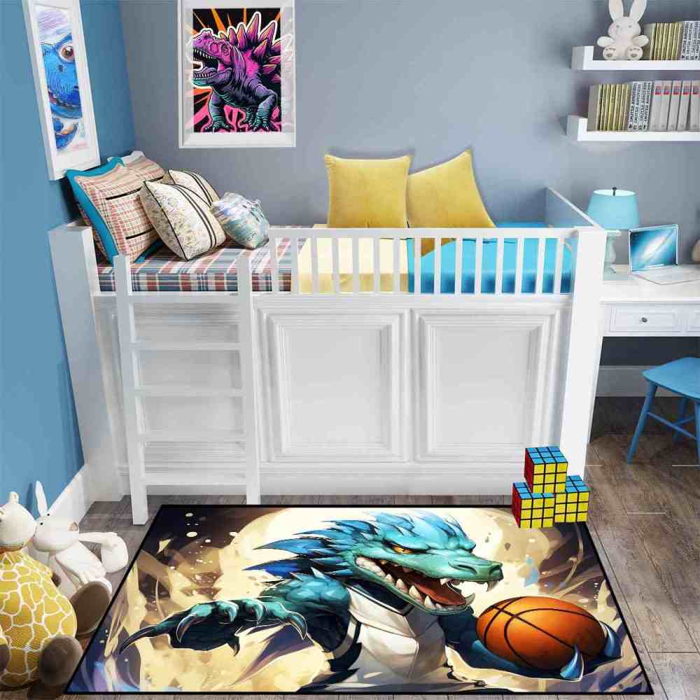 Blue Dinosaur Basketball Player Kids Playroom Rug | CozyLil