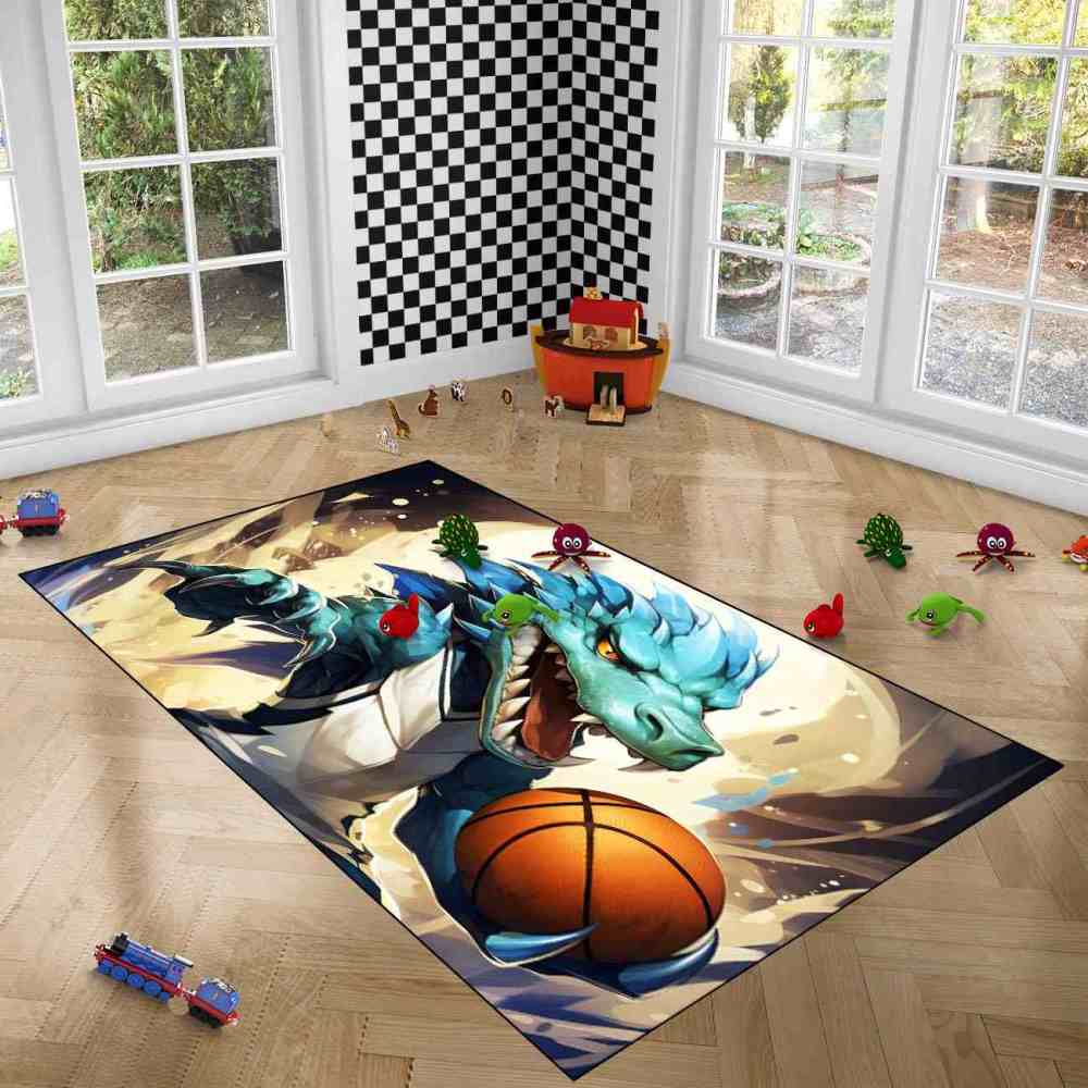 Blue Dinosaur Basketball Player Kids Playroom Rug | CozyLil