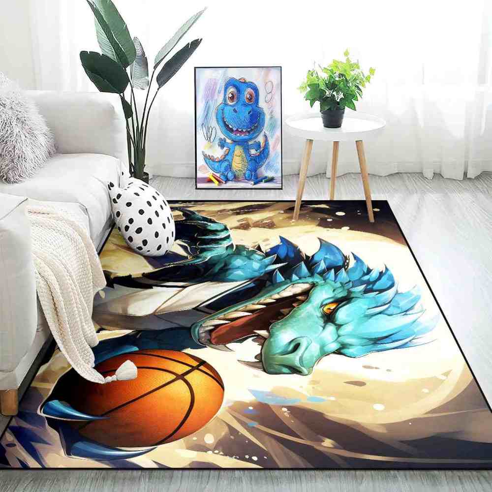 Blue Dinosaur Basketball Player Kids Playroom Rug | CozyLil