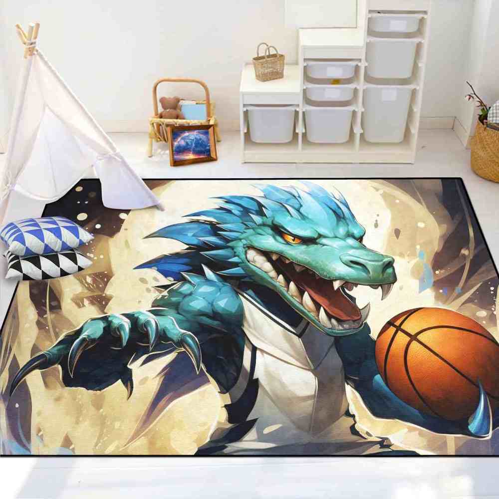 Blue Dinosaur Basketball Player Kids Playroom Rug | CozyLil