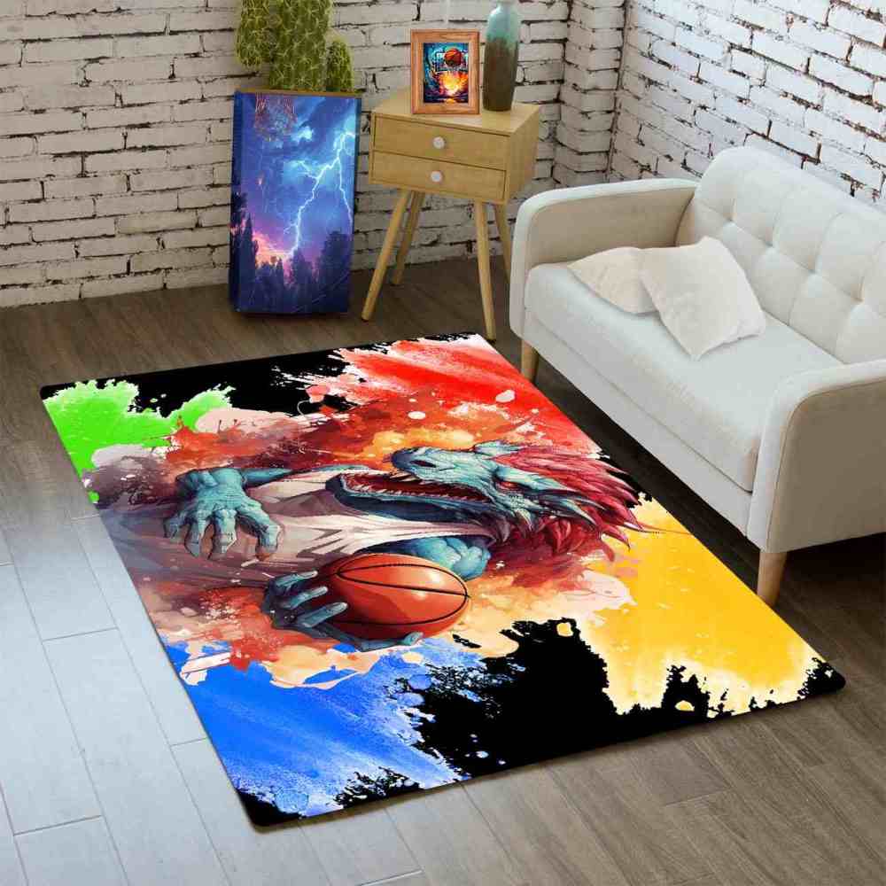 Red Spike Dinosaur Basketball Art Boys Bedroom Rug | CozyLil