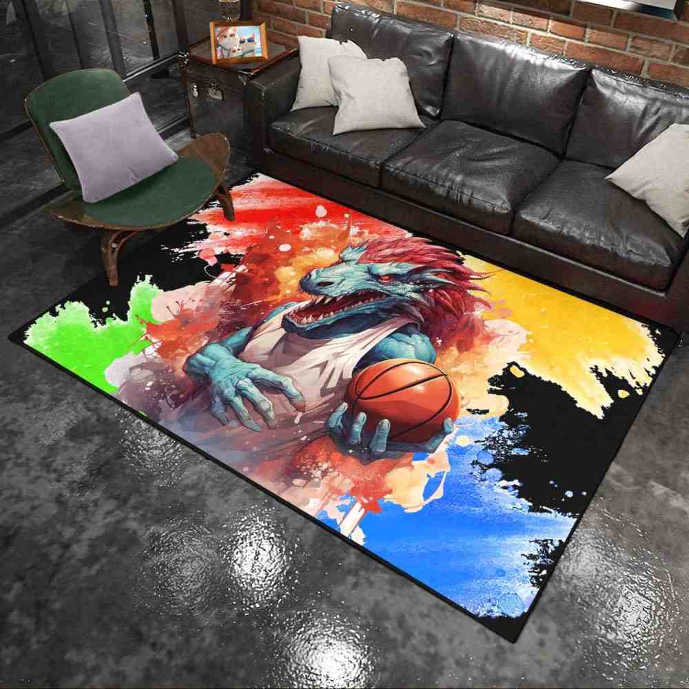 Red Spike Dinosaur Basketball Art Boys Bedroom Rug | CozyLil
