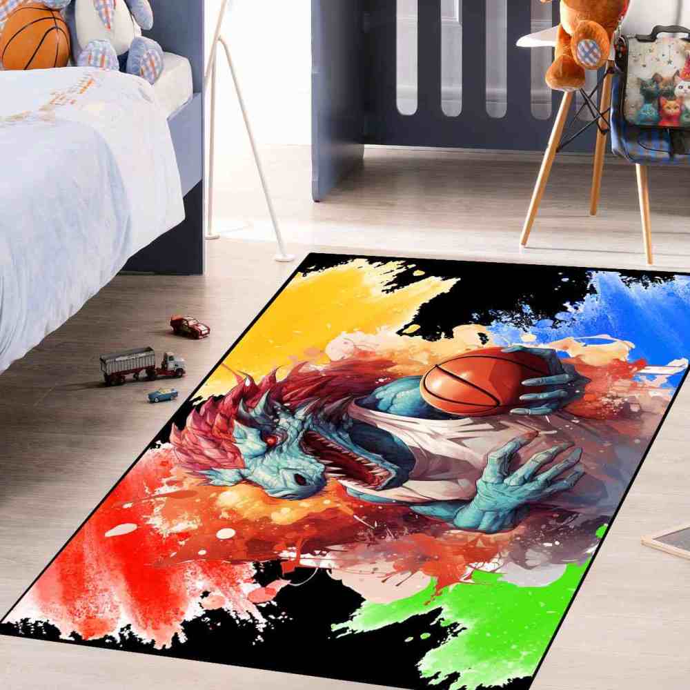 Red Spike Dinosaur Basketball Art Boys Bedroom Rug | CozyLil