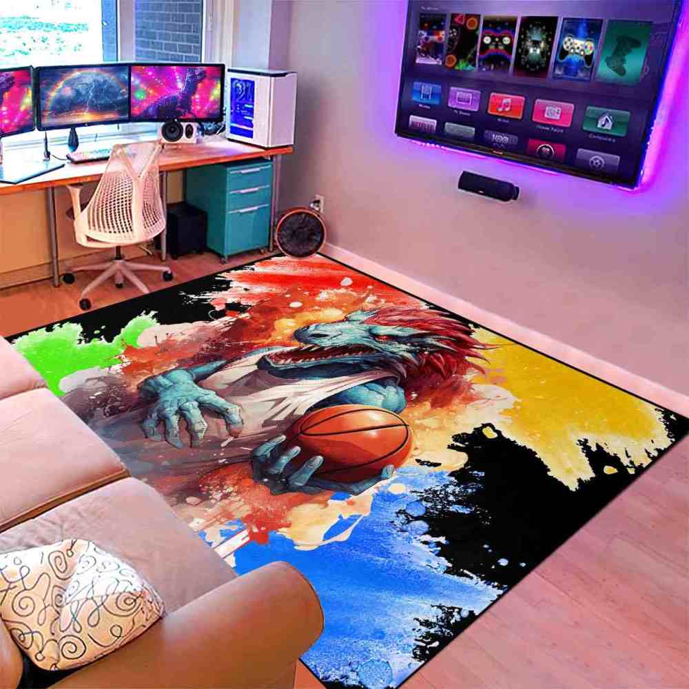 Red Spike Dinosaur Basketball Art Boys Bedroom Rug | CozyLil