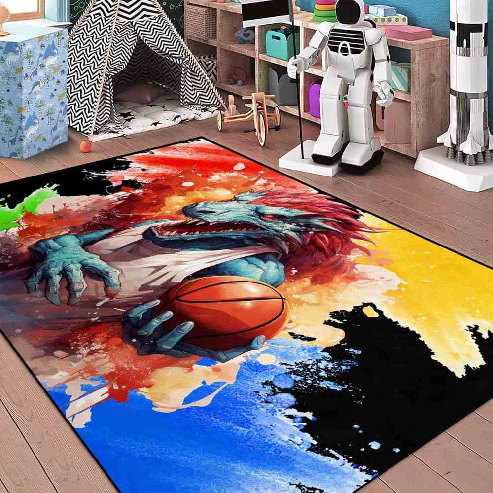 Red Spike Dinosaur Basketball Art Boys Bedroom Rug | CozyLil