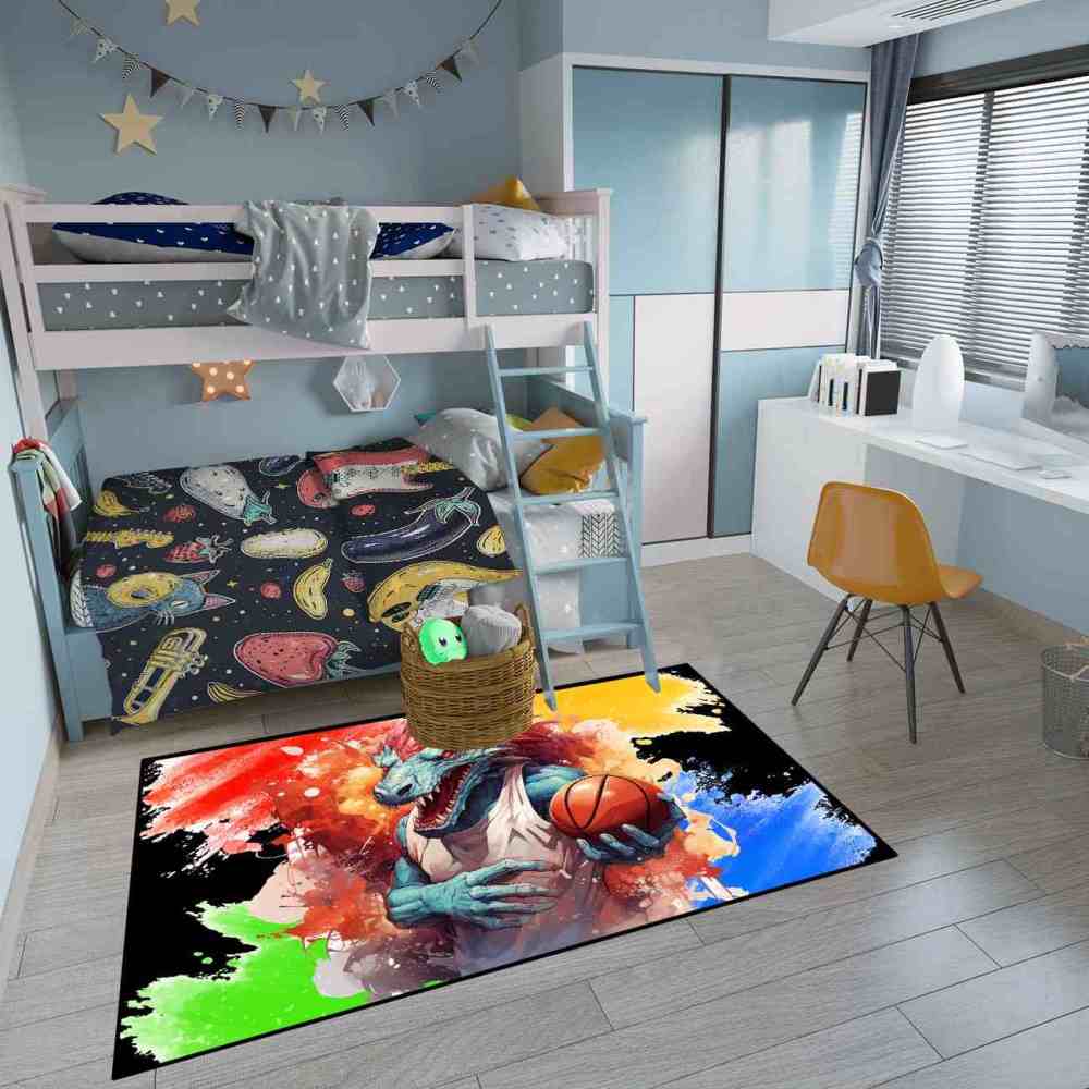 Red Spike Dinosaur Basketball Art Boys Bedroom Rug | CozyLil