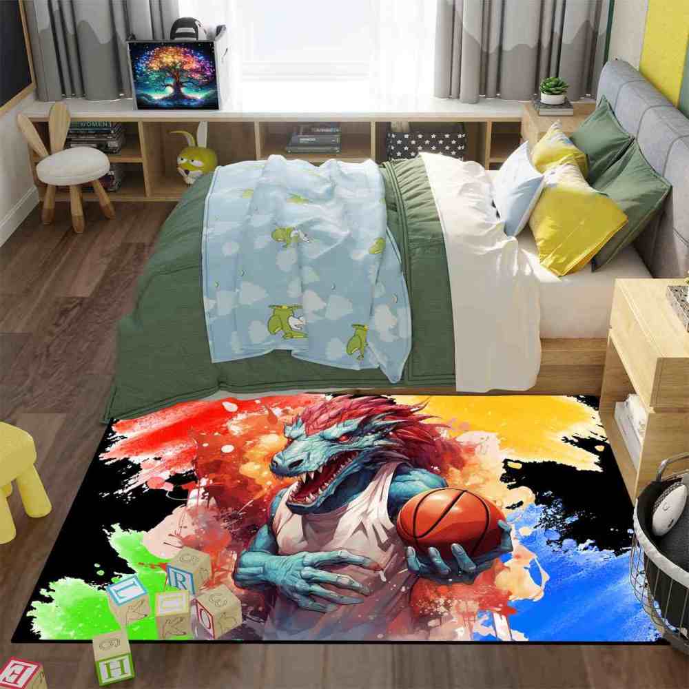 Red Spike Dinosaur Basketball Art Boys Bedroom Rug | CozyLil
