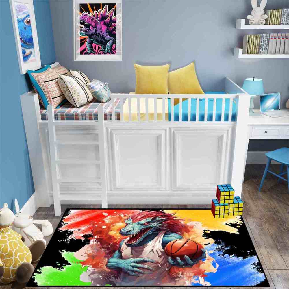 Red Spike Dinosaur Basketball Art Boys Bedroom Rug | CozyLil