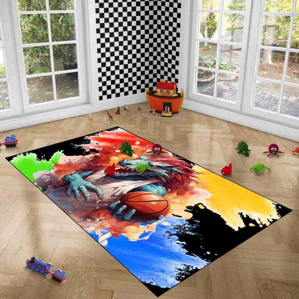 Red Spike Dinosaur Basketball Art Boys Bedroom Rug | CozyLil