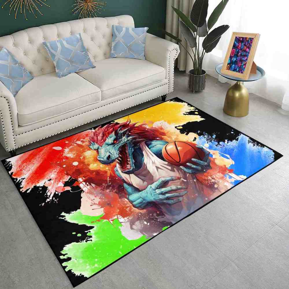 Red Spike Dinosaur Basketball Art Boys Bedroom Rug | CozyLil