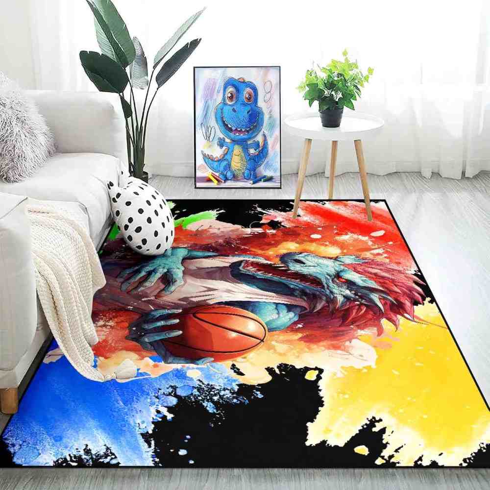 Red Spike Dinosaur Basketball Art Boys Bedroom Rug | CozyLil