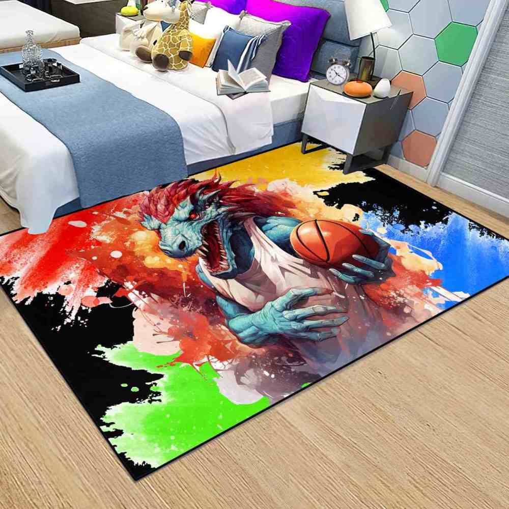 Red Spike Dinosaur Basketball Art Boys Bedroom Rug | CozyLil
