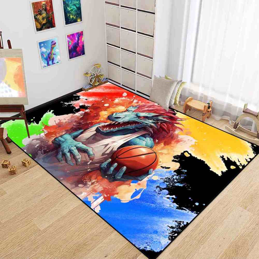 Red Spike Dinosaur Basketball Art Boys Bedroom Rug | CozyLil